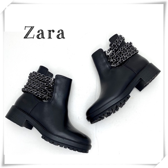 Zara Shoes - Zara Chain Biker Moto Chunky Heel Ankle Boot Black